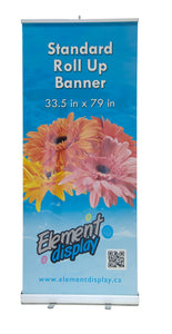 front facing view of standard roll up banner/retractable banner/ zap stand with flower graphic