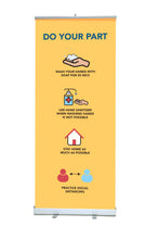 Load image into Gallery viewer, front view of a retractable metal banner stand with custom printed graphic with icons on social distancing guidelines