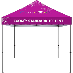 10 foot fabric tent, standing alone. Angle from the front.10 foot fabric tent, standing alone; four tall legs, with the fabric covering the top. Angle from the front.