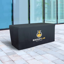 Load image into Gallery viewer, fitted hemmed 6 feet table throw with black background