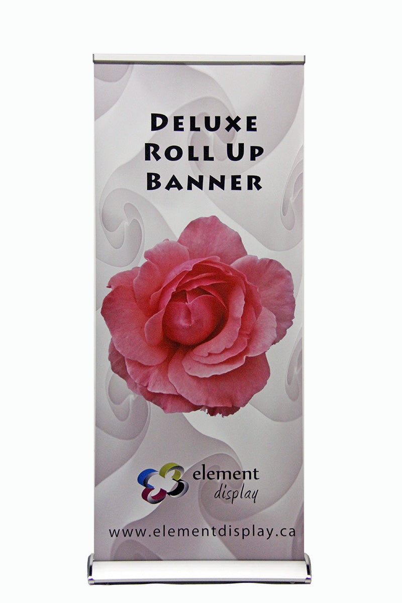 front facing view of deluxe roll up banner with flower graphic