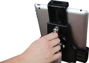 person holding hex screw tightening back of tablet holder with tablet in place