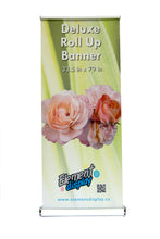 Load image into Gallery viewer, front facing view of deluxe roll up banner with flower graphic