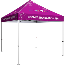 Load image into Gallery viewer, 10 foot fabric tent, standing alone; four tall legs, with the fabric covering the top. Angle from the left side. 