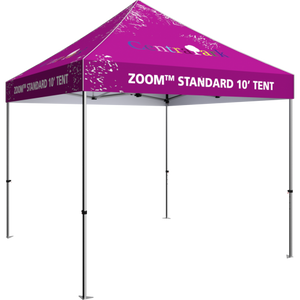 10 foot fabric tent, standing alone; four tall legs, with the fabric covering the top. Angle from the left side. 