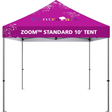 Load image into Gallery viewer, 10 foot fabric tent, standing alone. Angle from the front.10 foot fabric tent, standing alone; four tall legs, with the fabric covering the top. Angle from the front.