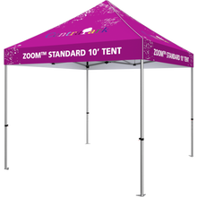 Load image into Gallery viewer, 10 foot fabric tent, standing alone; four tall legs, with the fabric covering the top. Angle from the right side.