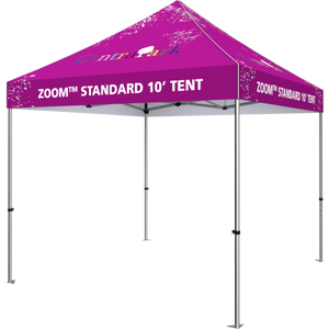10 foot fabric tent, standing alone; four tall legs, with the fabric covering the top. Angle from the right side.