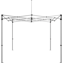 Load image into Gallery viewer, Frame for the 10 foot popup tent, without the fabric. Standing alone, angle from the front. Frame is four legs, intermingled metal webbing on the top and one single pole in the center (top) to help the tent hold its shape.