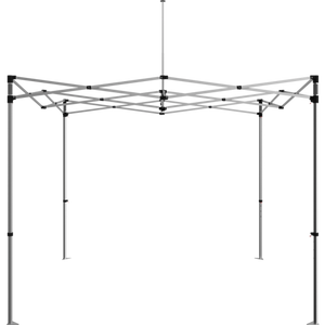Frame for the 10 foot popup tent, without the fabric. Standing alone, angle from the front. Frame is four legs, intermingled metal webbing on the top and one single pole in the center (top) to help the tent hold its shape.